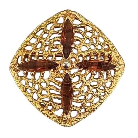 Gold Tone Sand Dollar Brooch Pendant Brown Amber Marquise Glass Open Work SHP - Picture 2 of 5